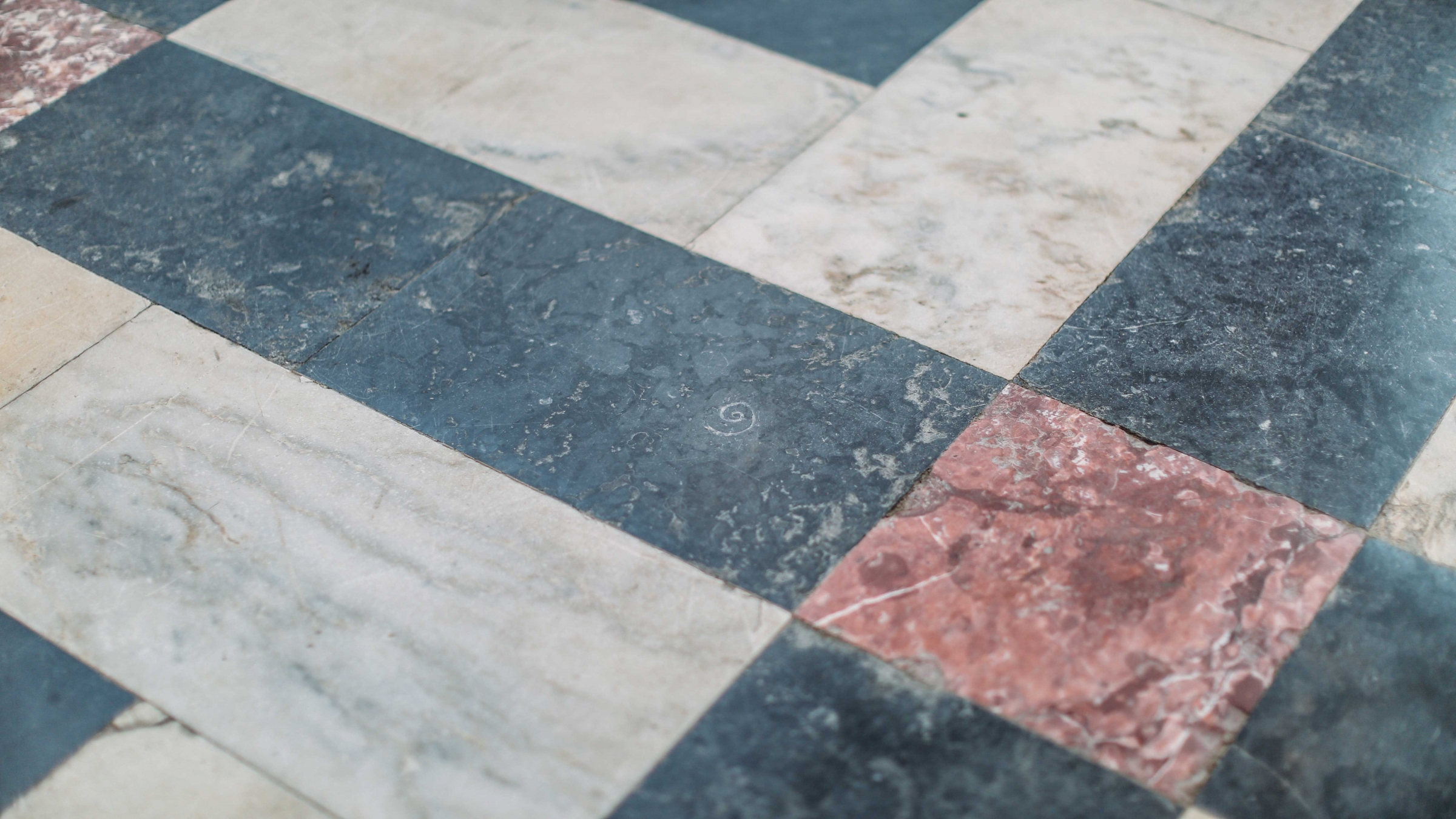 Marble floor with black, white and red tiles. There is a spiral fossil in the center.