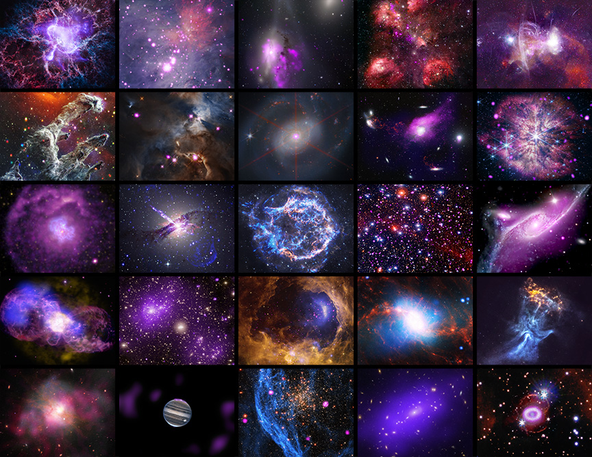A collage of square images showing various brightly colored stars, nebulas and galaxies in space.