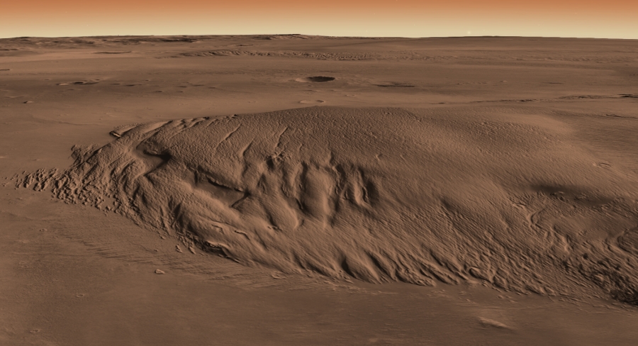 Computer-generated image of the dusty, hilly surface of Mars.